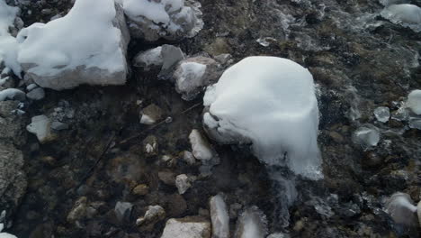 chilly winter scene: icy, frosty environment with snow, thawing and melting in a creek