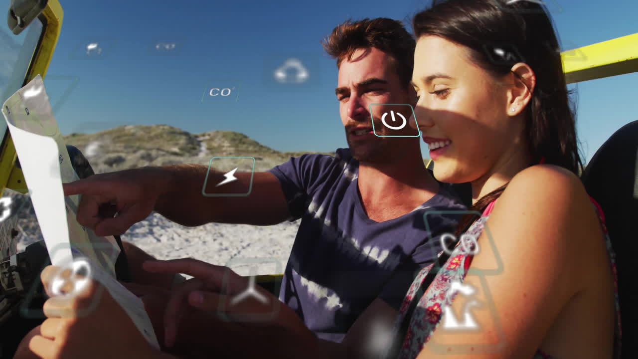 Couple exploring dunes in convertible car, showing floating CO2, power icons highlighting tech