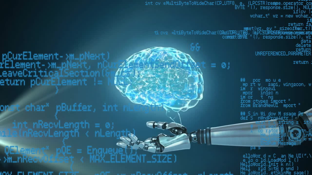 animación del cerebro humano, el brazo del robot y el procesamiento de datos sobre un fondo oscuro