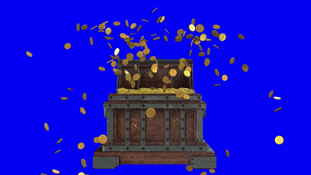 Overflowing Treasure Chest with Flying Gold Coins on Blue Background