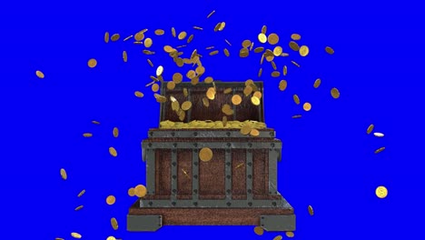 overflowing treasure chest with flying gold coins on blue background