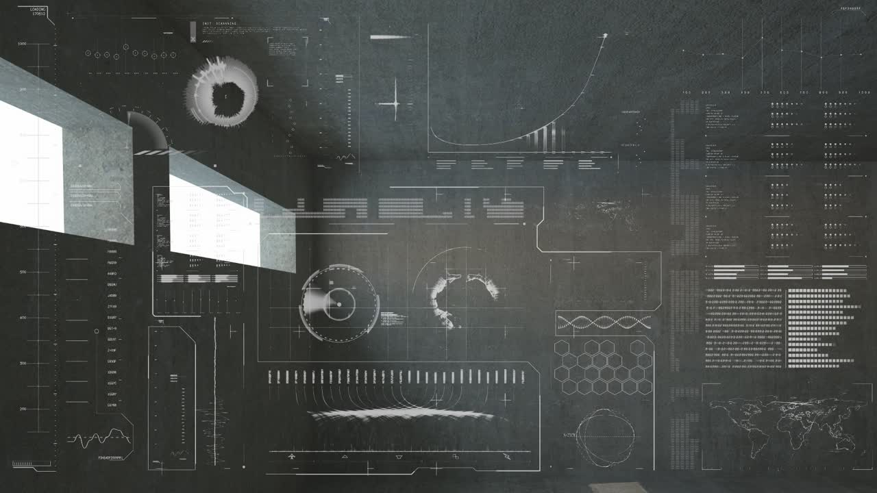 Animation of data processing and icons over cityscape