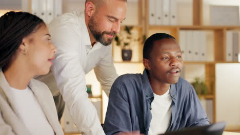 collaboration, men and woman in office meeting