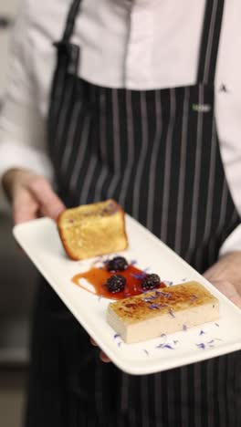 chef presenting a plated dessert