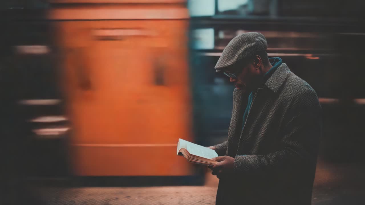 A Thoughtful Reader Immersed in a Book While the Urban World Races By at a Busy Transit Station, Capturing the Essence of Reflection Amidst Motion