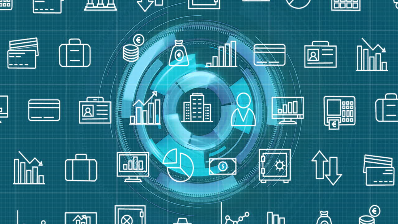 animación de la cuadrícula de iconos de medios de negocio que se mueven sobre el escáner azul circular