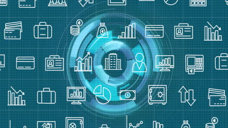 animation of grid of business media icons moving over circular blue scanner