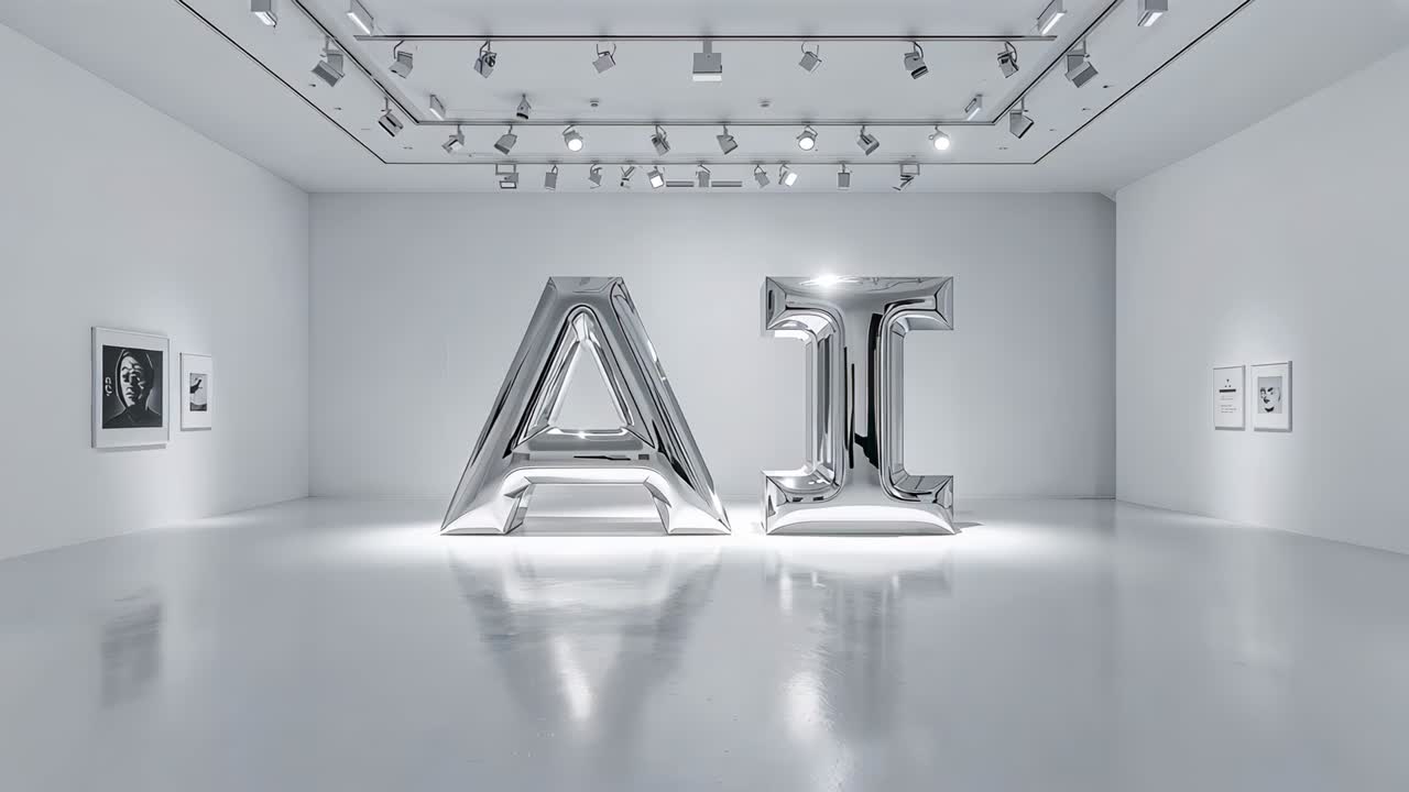 Moving camera revealing chrome letter A and I reflections in white gallery, showcasing sculptures