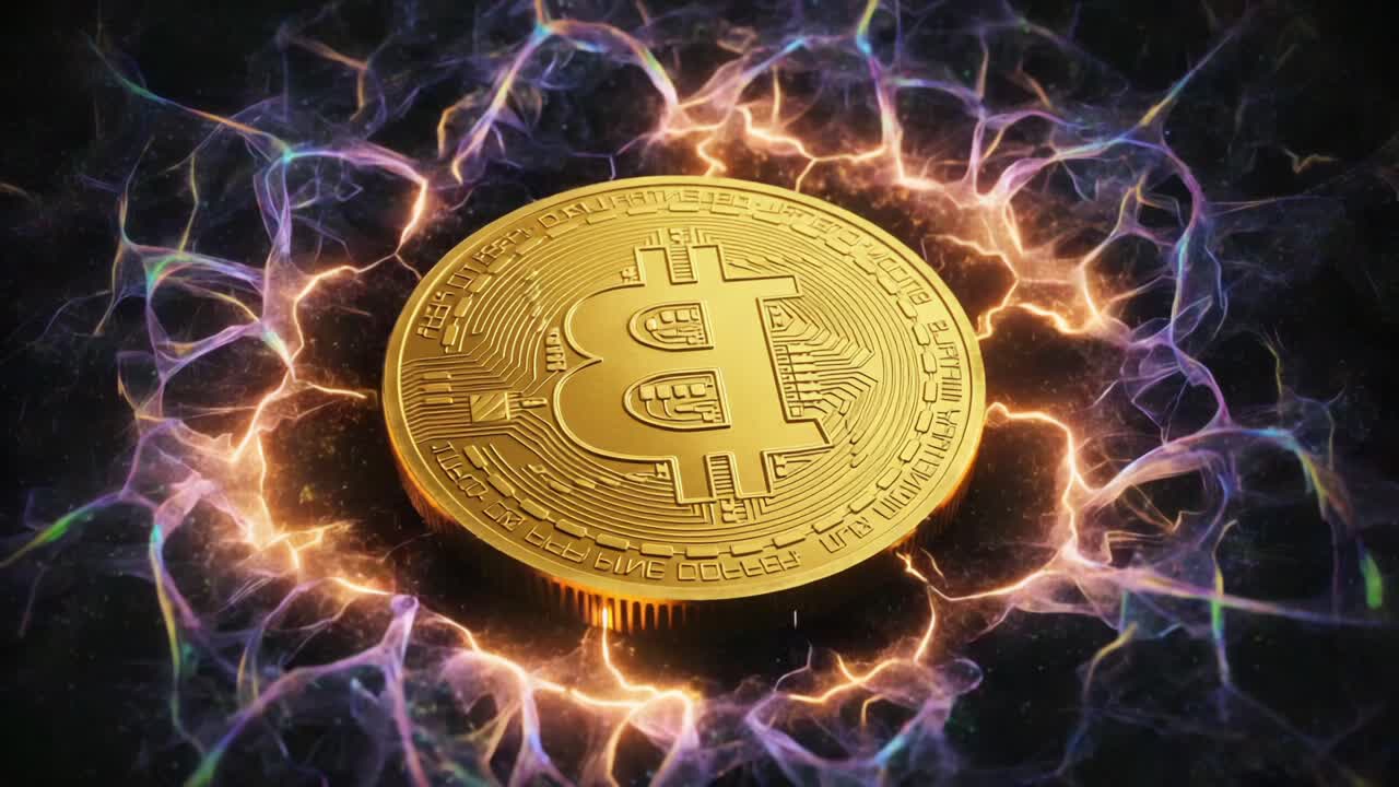A Revolutionary Look at Digital Currency: The Glittering Bitcoin Surrounded by an Energetic Web of Electricity and Light, Symbolizing the Future of Financial Transactions