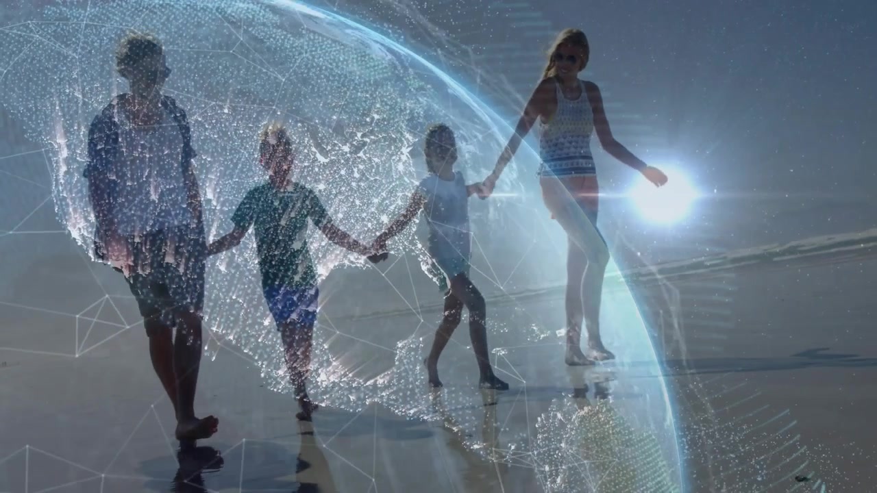 Family Walking on Beach with Digital Globe Overlay