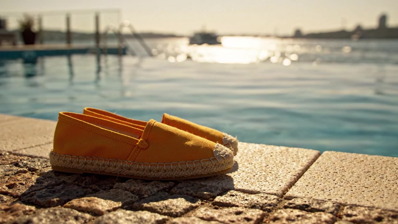 Une paire d'espadrilles jaunes placée au bord d'une piscine tranquille au coucher du soleil, capturant l'essence de la détente et des loisirs estivaux dans un cadre magnifique.