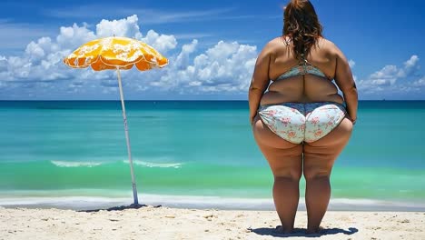 a woman in a bikini standing on a beach next to the ocean