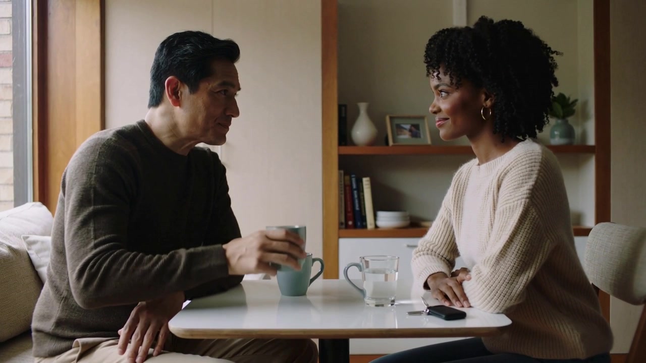 Lifting ceramic mug, man sipping and leaning during chat with woman wearing knit sweater at home