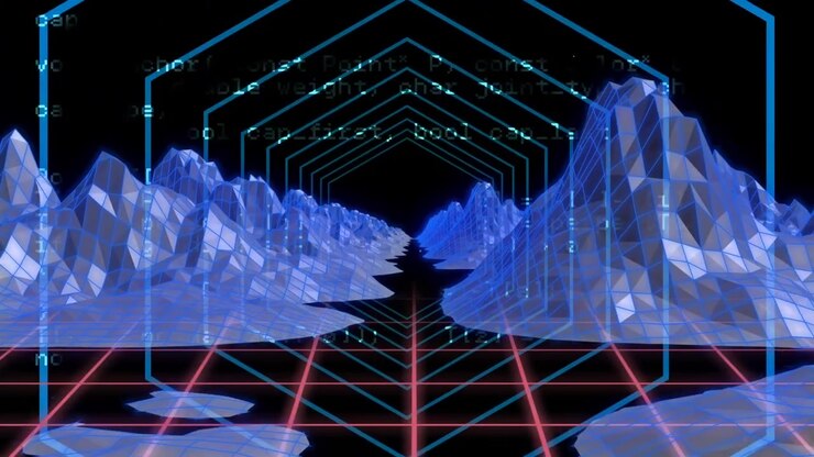 Video of neon hexagons over metaverse landscape and black background