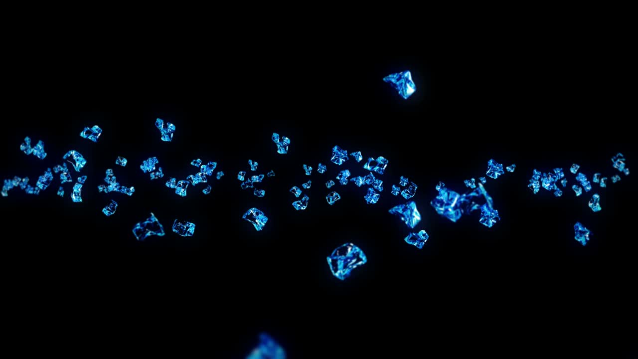 검은색 바탕에 많은 깨한 얼음 큐브를 날아. 부서진 얼음 조각, 자연 물. 부러진 얼음의 3d 애니메이션 회전. 루프 애니메이션.