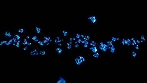flying many clean ice cubes on black background. pieces of crushed ice, natural water. 3d animation of crushed ice rotating. loop animation.