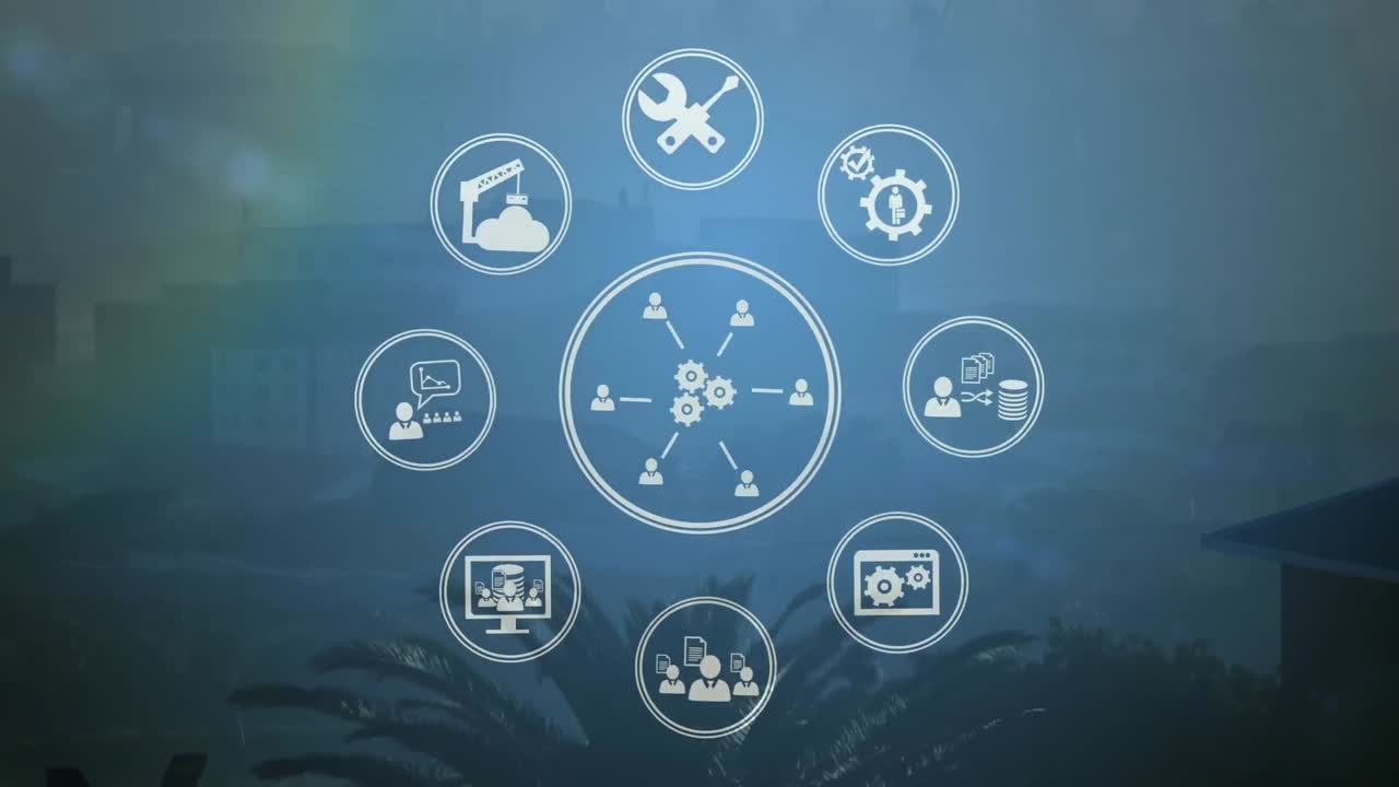 animación de iconos con conexiones y procesamiento de datos sobre el paisaje urbano