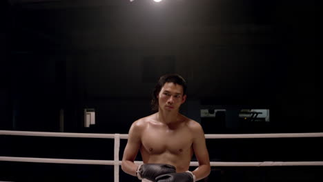 a male boxer stands in a boxing ring, ready for a fight