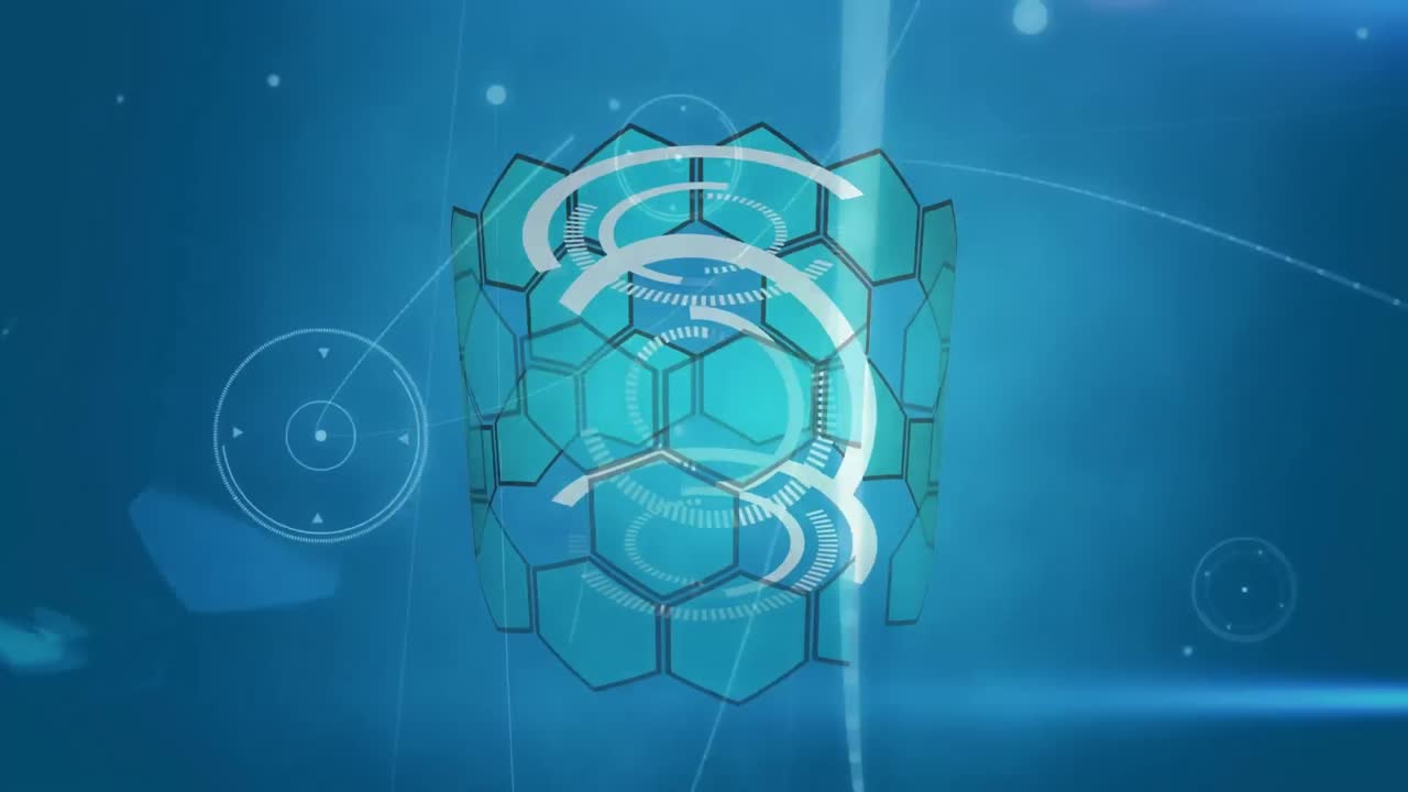 animación digital de la red de conexiones contra el modelo de forma hexagonal 3d sobre fondo azul