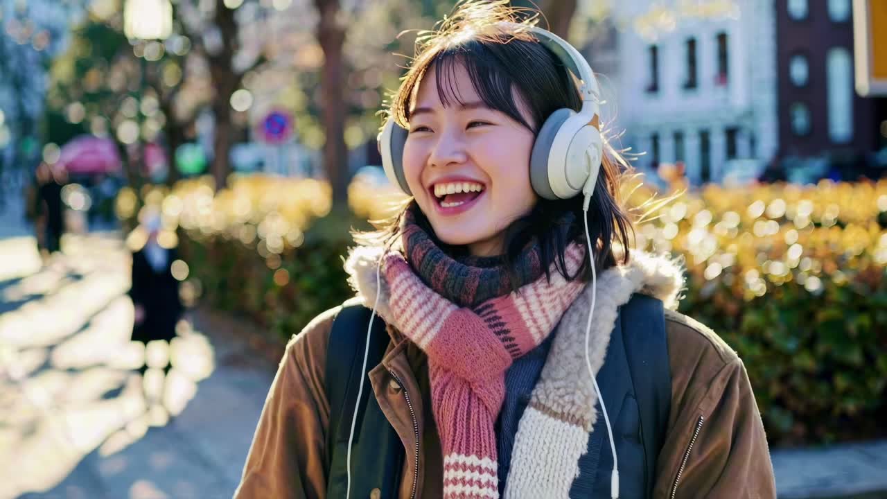 A joyful woman with headphones walks outdoors in winter attire