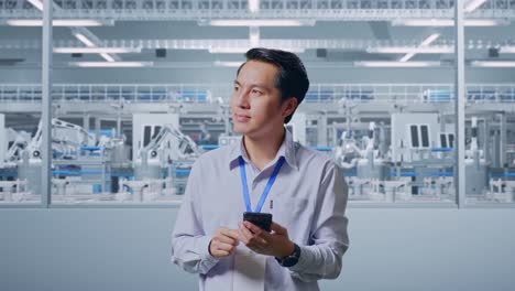 Asian Male Professional Worker Standing With His Smartphone At Factory Digitalization, He Observes By Looking Around Before He Come To Concentrating With His Smartphone