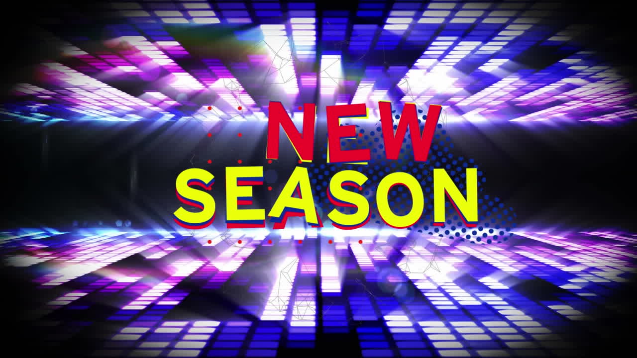 검은색 배경에 움직이는 열 위에 새로운 시즌 텍스트의 애니메이션