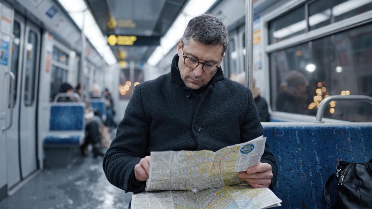 Un pendolare concentrato esamina una mappa mentre è seduto in un treno della metropolitana quasi vuoto, perso nei pensieri in un contesto di trasporto urbano.