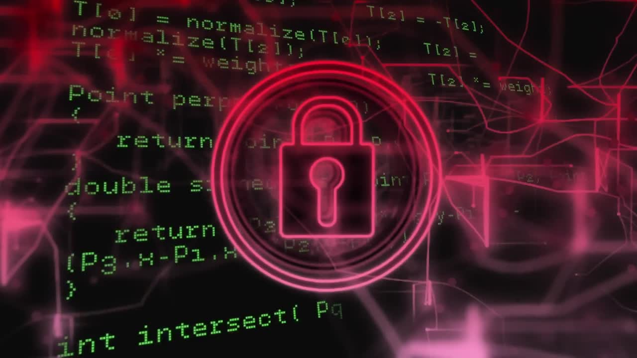 animazione dell'icona del lucchetto di sicurezza, tracce di luce rosa e elaborazione dei dati su sfondo nero.