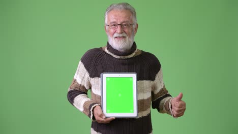 hombre barbudo y guapo con ropa cálida contra un fondo verde
