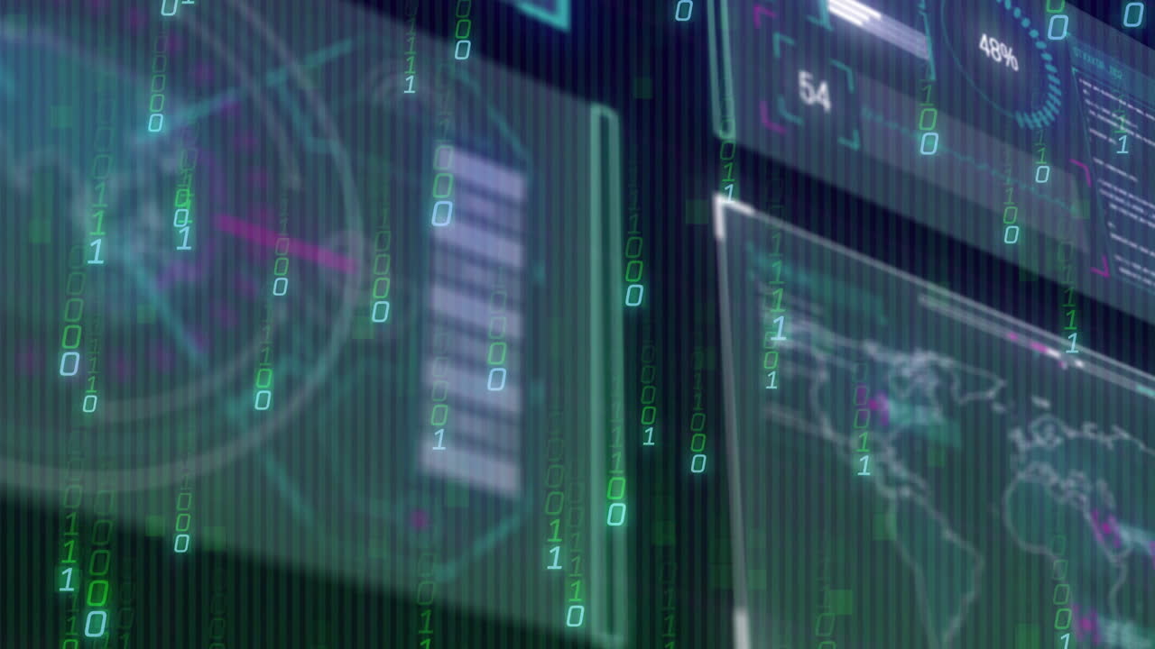 In school, animation of binary code and digital screens showing data and graphs