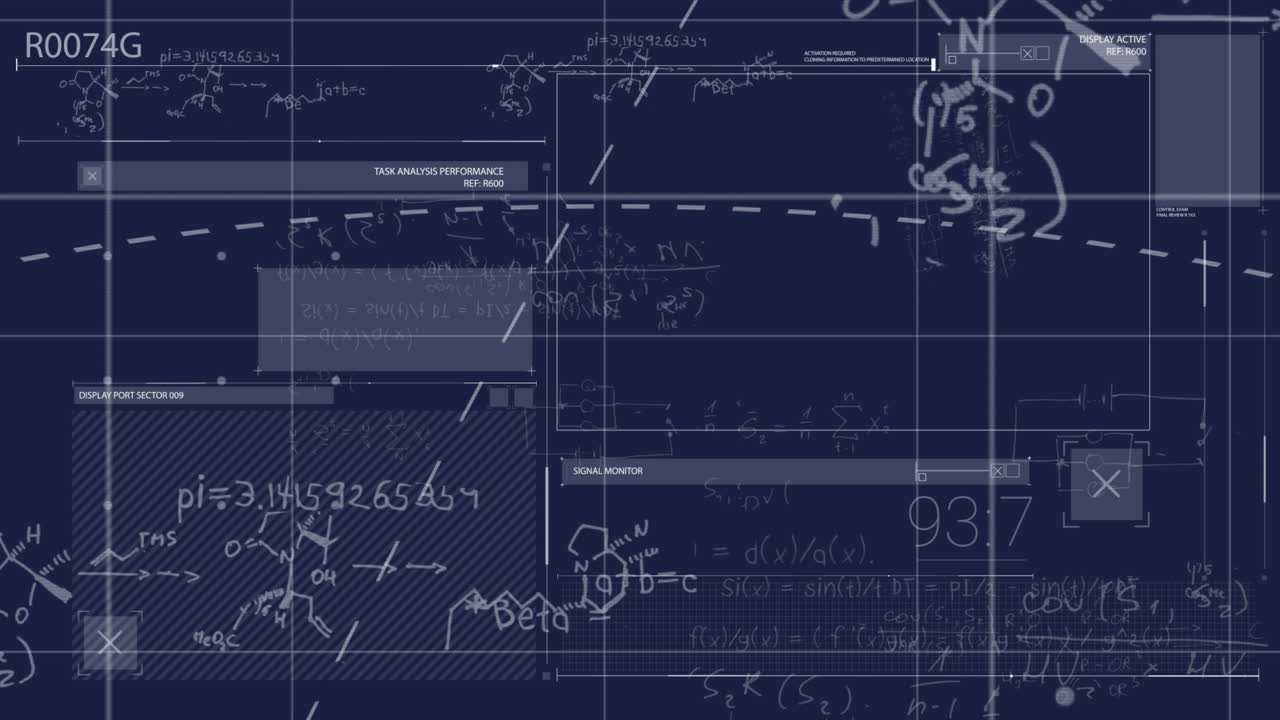 Animation of mathematical equations and data processing on blue background