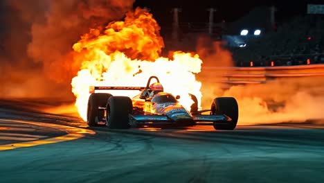 a man driving a race car on fire on a track