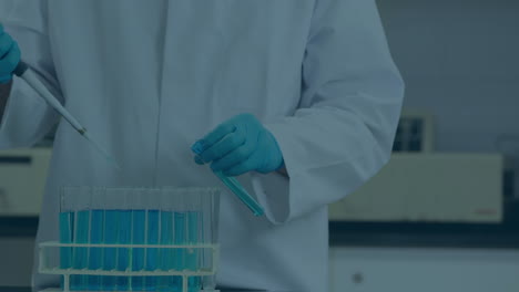 animación de moléculas sobre el científico caucásico en el laboratorio