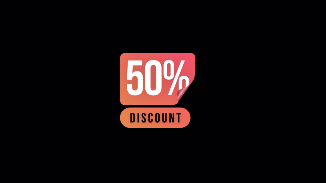 Grafica animata che rivela uno sconto del 50% su sfondo nero