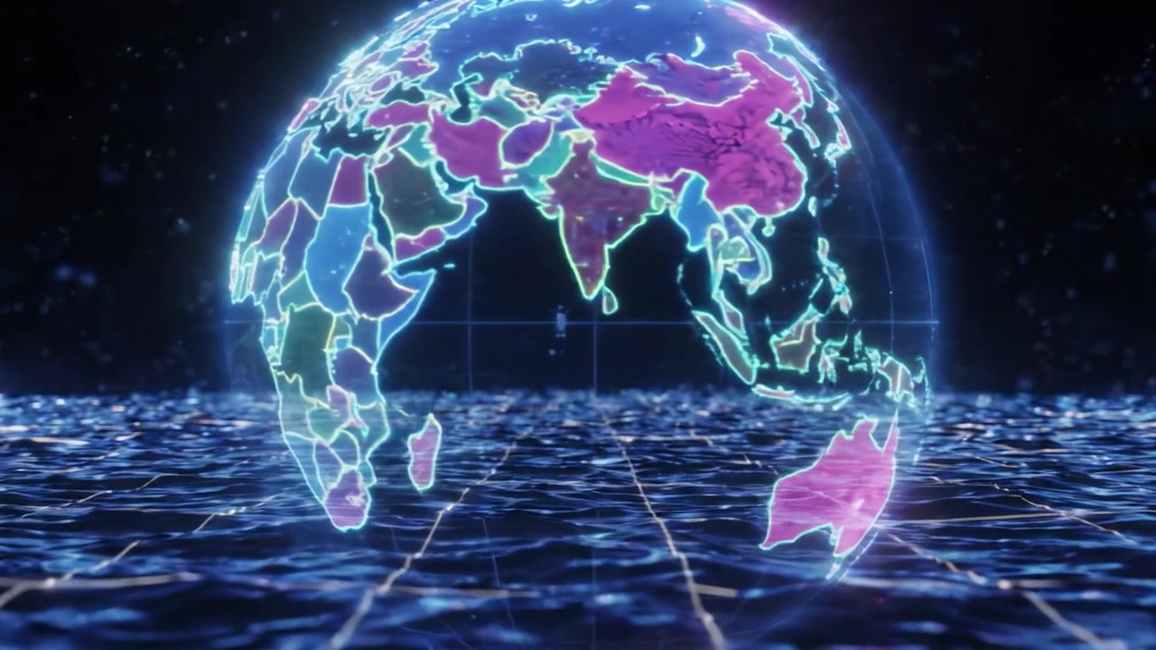 A Vibrant 3D Representation of Earth with Colored Regions Floating Over a Digital Ocean Floor in a Futuristic Visualization