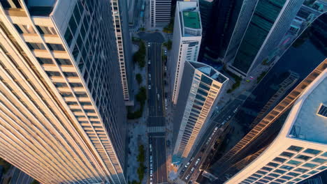 high-angle view of city intersection with skyscrapers