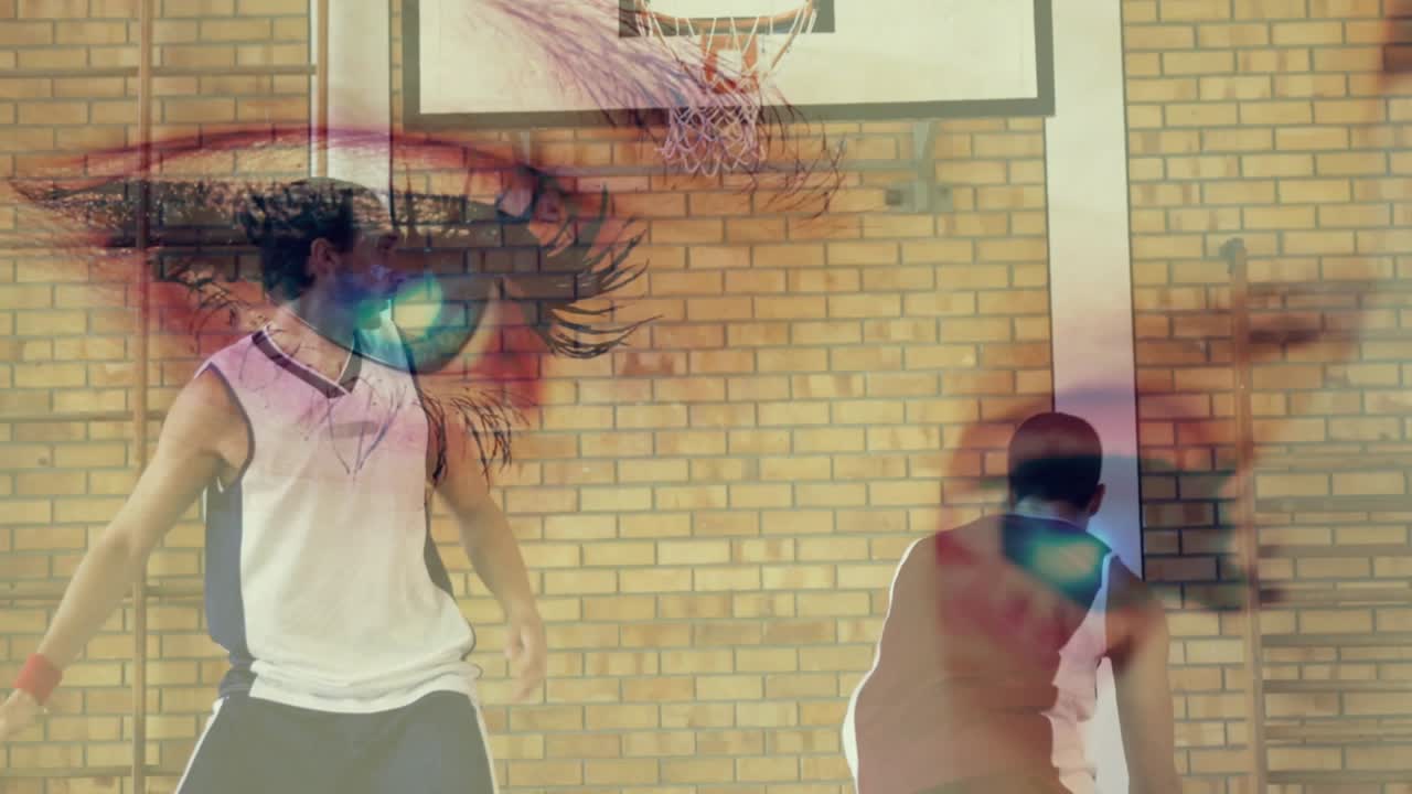 Guard dribbling defender closing in, eye overlaying players as blue basketball arcing to score