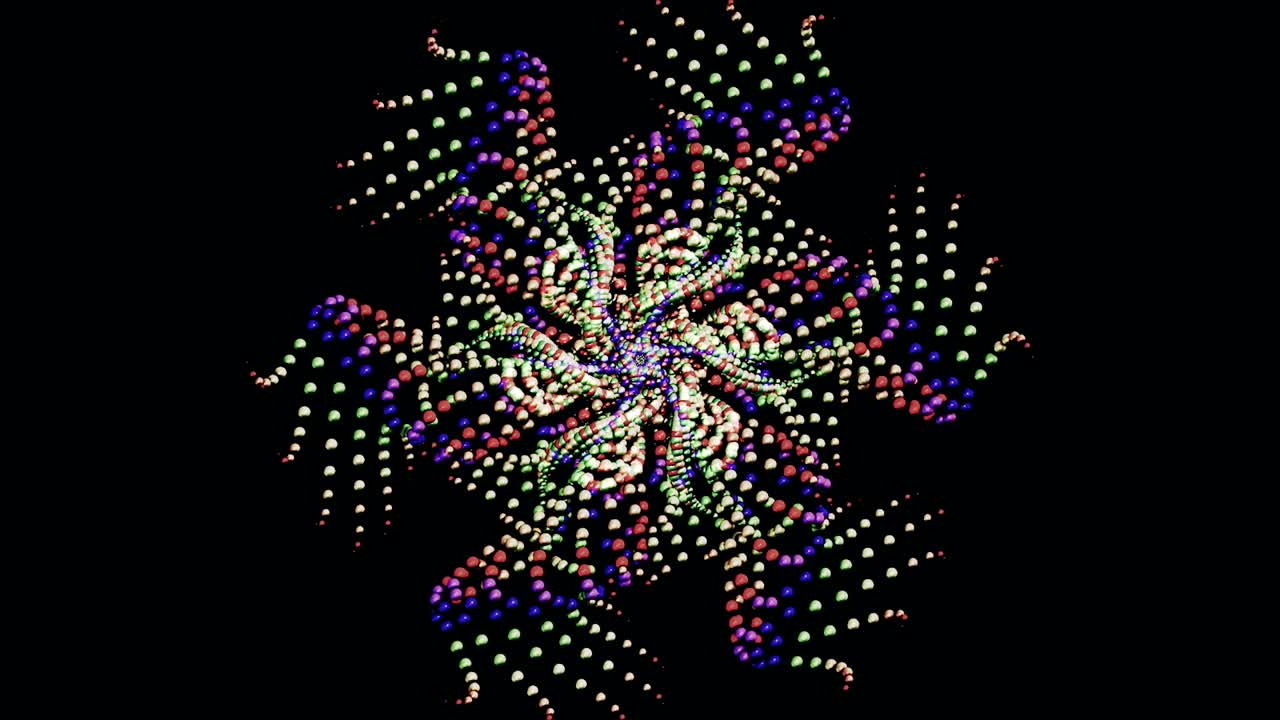 흑색 배경에 고립된 아름다운 움직이는 작은 구슬로 만들어진 작은 공으로 만들어진 변화하는 인물과 함께 몽환적인 칼레도스코프 배경