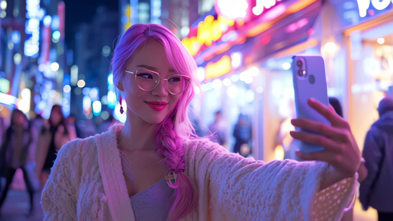 Stilfull ung kvinne med rosa hår og briller tar en selfie på en travel neonbygate om natten, omgitt av fargerike lys og urbant natteliv, et moderne livsstilskonsept.