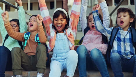 school, hands up and children laugh on stairs