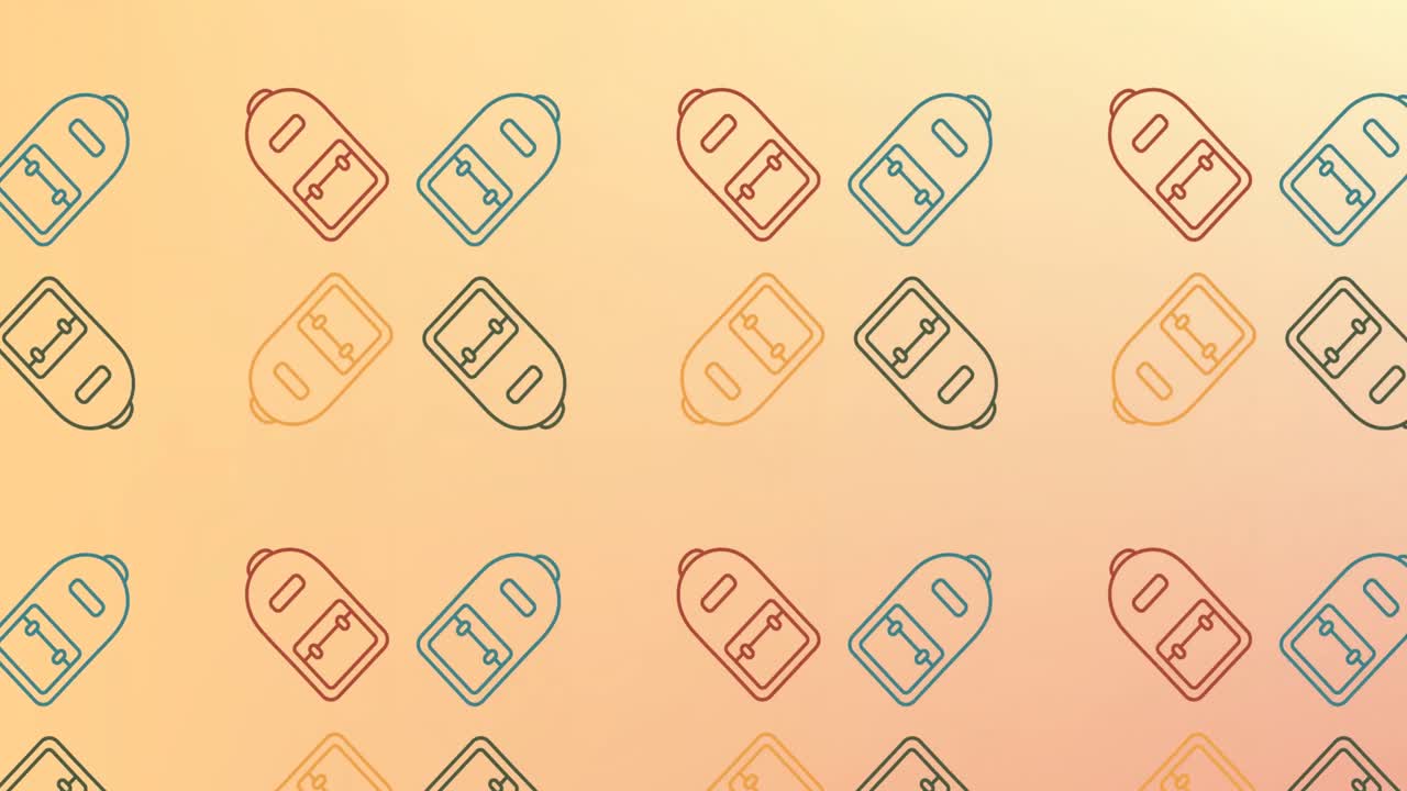 오렌지색 배경에 맞춰 원활한 패턴으로 여러 학교 가방 아이콘의 애니메이션