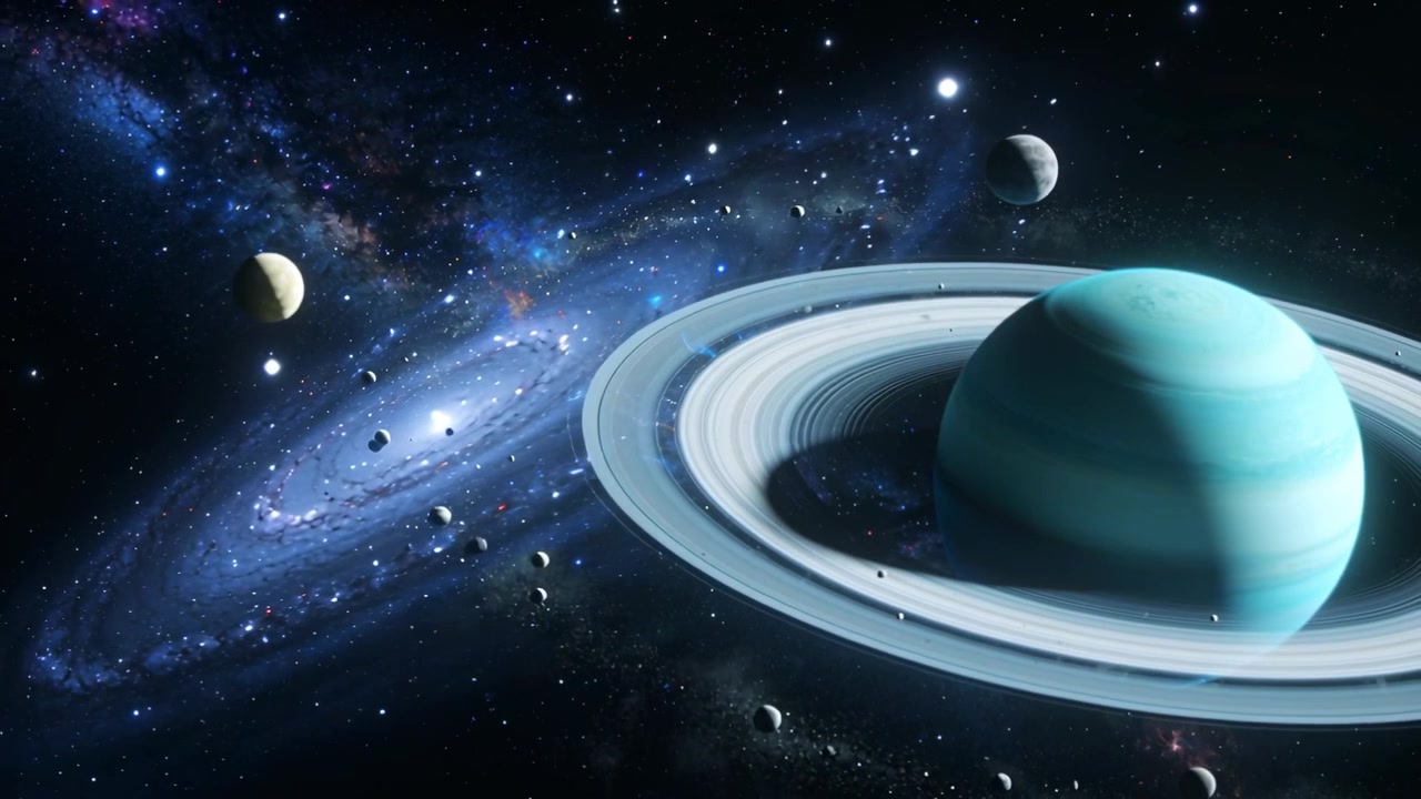 Telecamera che si muove rivelando un gigante gassoso con anelli color verde acqua a destra nello spazio, mostrando lune, rocce, galassia
