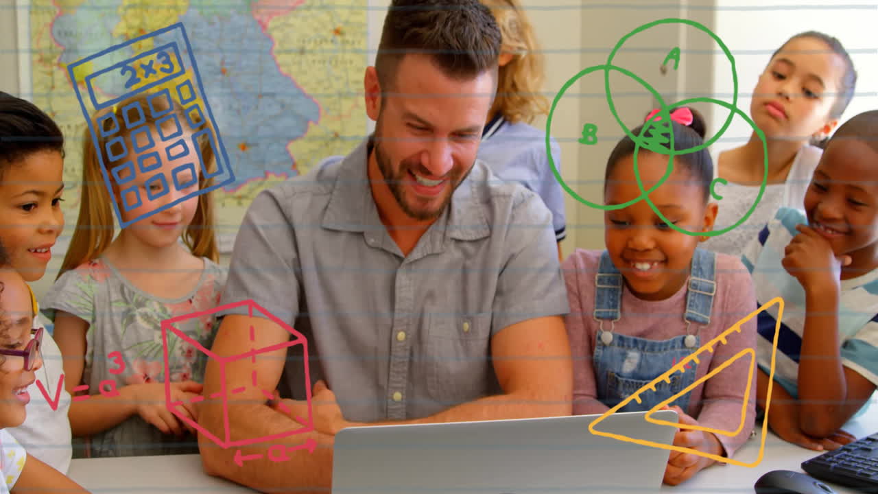 In school, animation of teacher and diverse students learning math with shapes