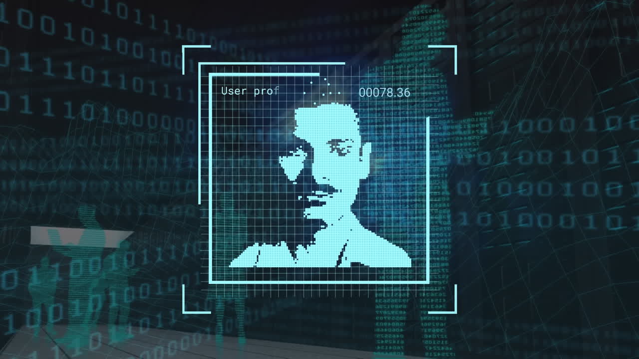 animación del procesamiento de datos con retratos de personas sobre fondo negro