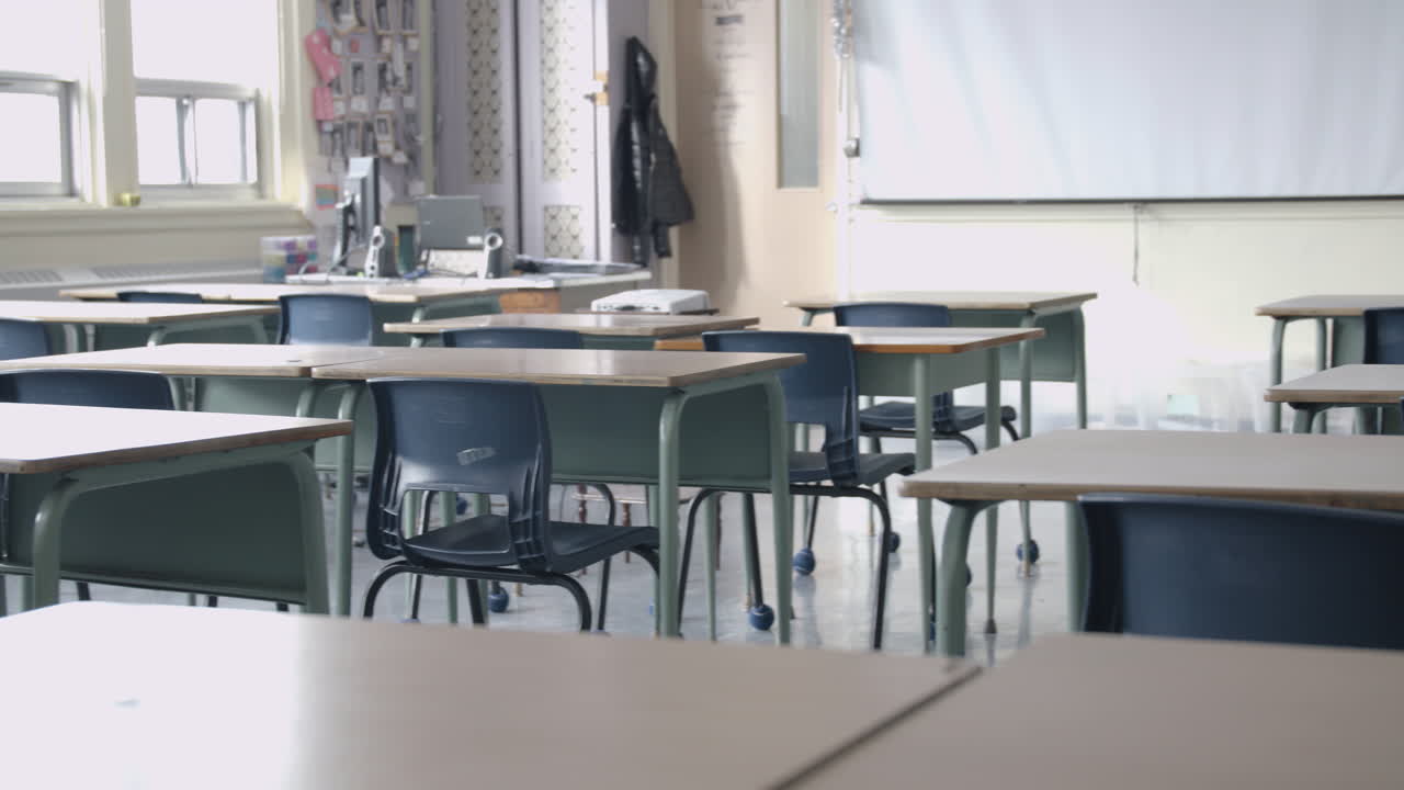 Establishing shot of empty classroom in school with desks