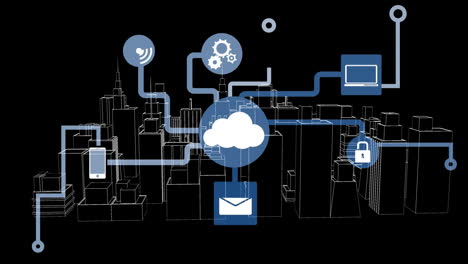 animation of cityscape with cloud computing network connecting various devices