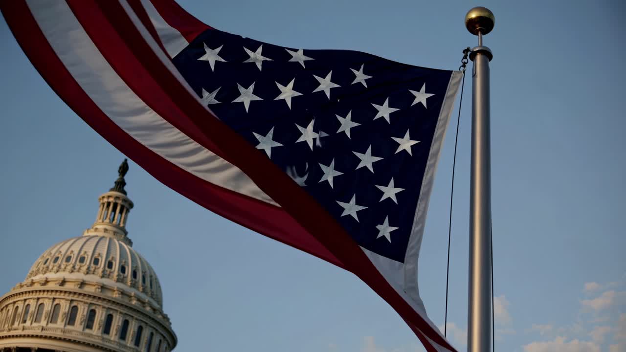 Video da angolazione bassa della bandiera americana che sventola con la cupola del Campidoglio sullo sfondo