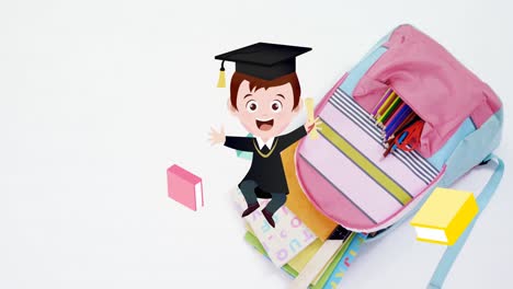 Animation-of-excited-schoolboy-and-colourful-books-moving-over-schoolbag-and-stationery