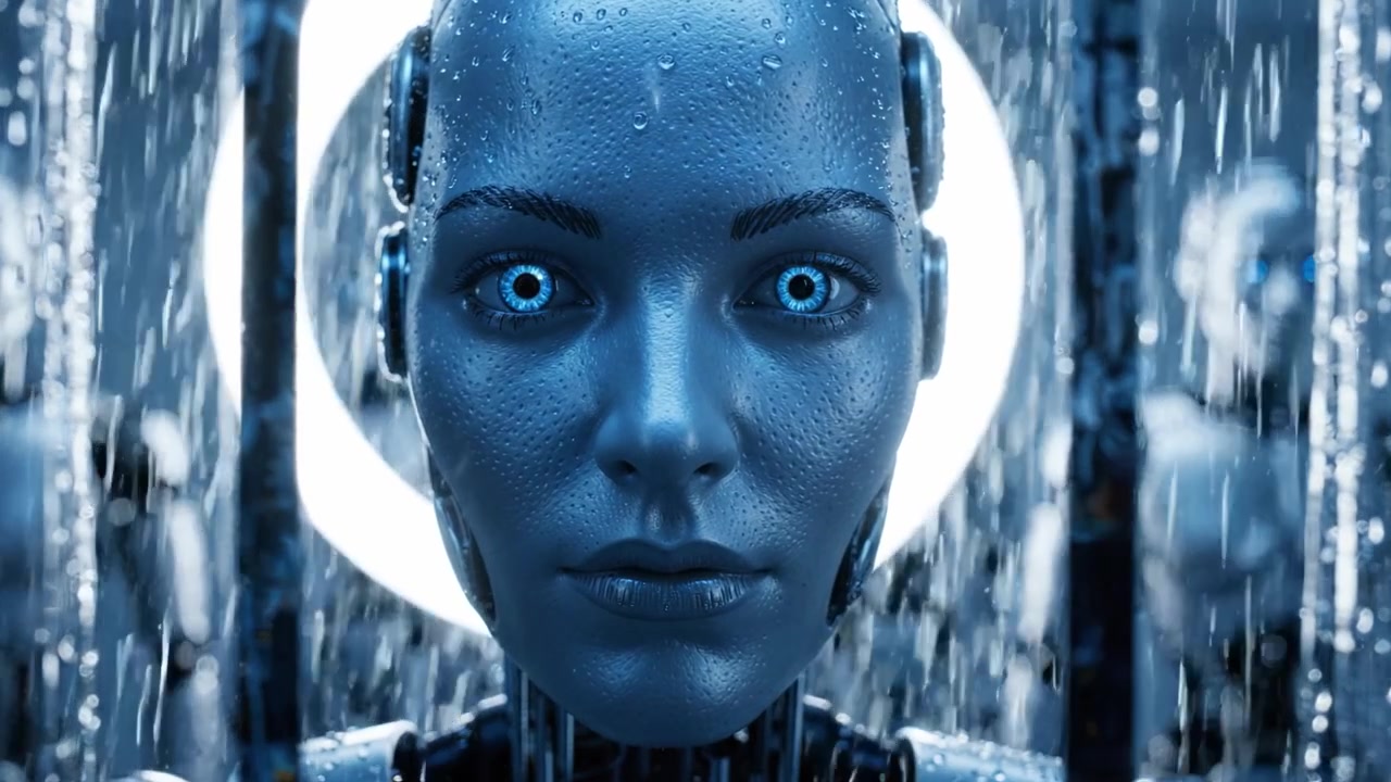 Un'Entità Robotica Futuristica Circondata da Acqua a Cascata, Con Occhi Blu Luminosi e un'Aureola Illuminata, Catturando l'Essenza dell'Intelligenza Artificiale nel Design