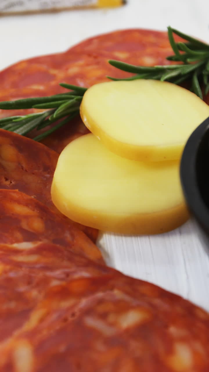 Slices of ham with cheese, green olives and herbs